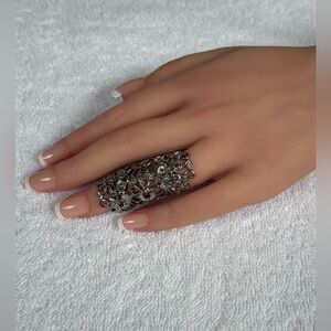 Boho Silver Tone  Filigree Full Finger Ring with Rhinestones